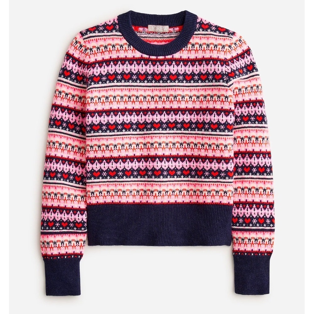 J.Crew Womens Shrunken Fair Isle Heart Crewneck Sweater Pink Navy Lambswool L